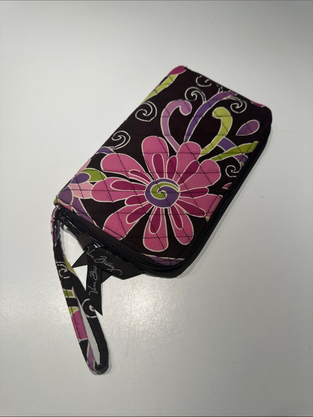 Vera Bradley Black Wristlet with Pink and Green Floral Print